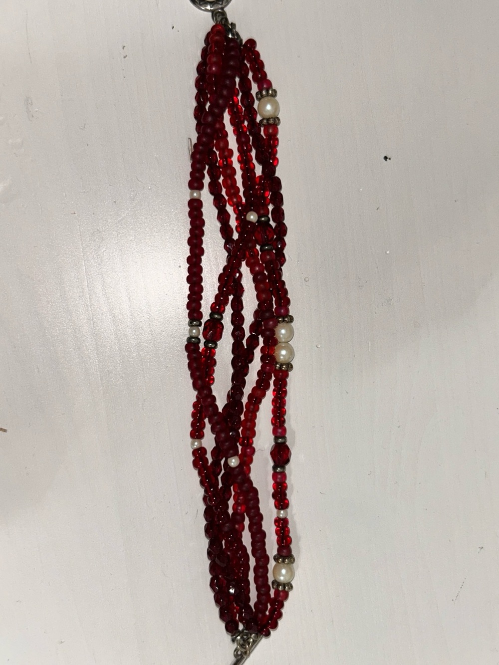 Multi-Strand Red Beaded Bracelet with Pearl Accents